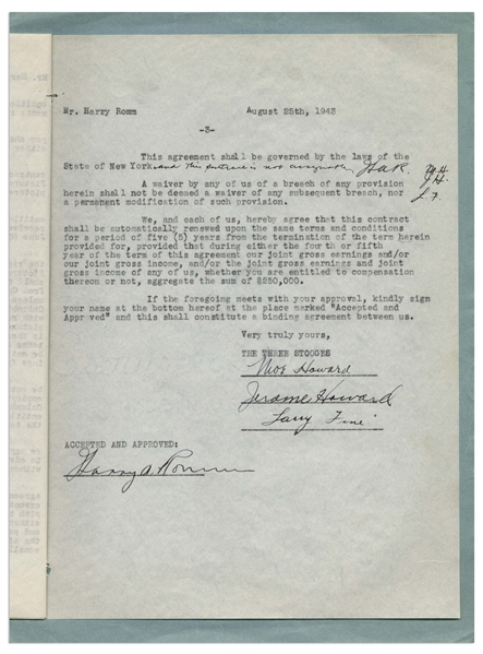 The Three Stooges Signed Contract From 1943 With Their Manager Harry Romm -- With Curly's Signature